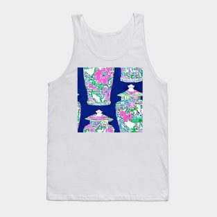 Colorful chinoiserie jars on deep blue seamless pattern Tank Top